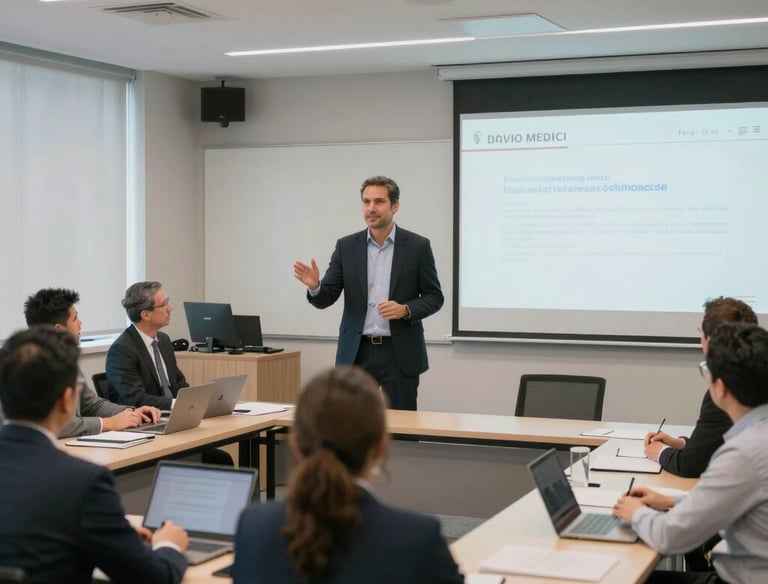 Professional business instructor teaching a corporate training seminar in a modern classroom setting.