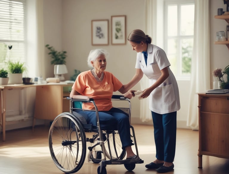 Nurse providing home care assistance to elderly patient in bright living room