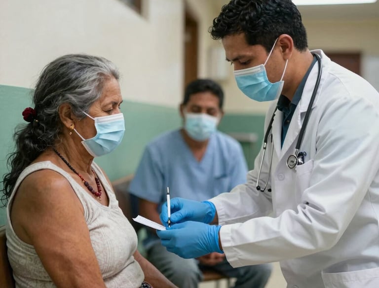 A healthcare team providing medical attention in a rural village setting.