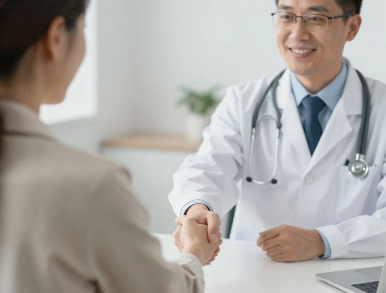 Business professionals discussing healthcare benefits in a modern office setting.