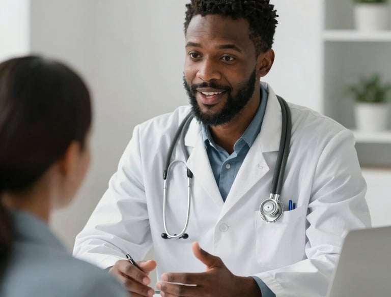 A friendly doctor engaging with a patient during a video consultation on a laptop.
