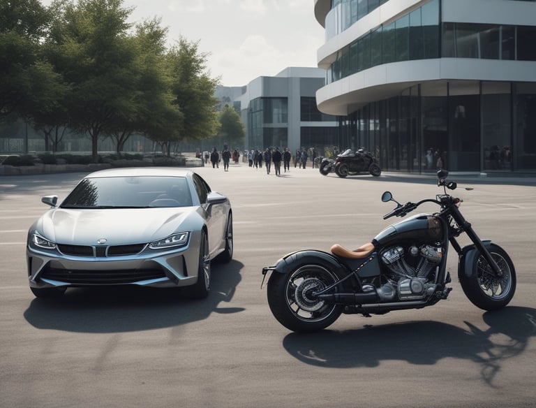 A happy family standing beside their car, smiling in a sunny park.