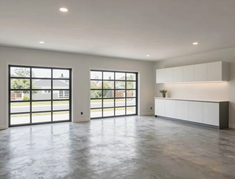 Large residential garage with decorative epoxy floor coating