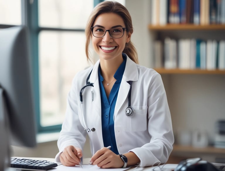 A friendly doctor consulting with a patient in a bright clinic room.