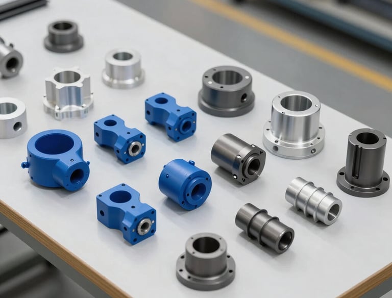 Precision-machined railway components arranged neatly on a steel workbench.