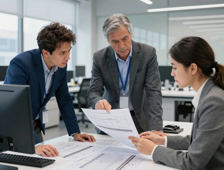 Close-up of engineers reviewing detailed railway system blueprints in a high-tech office.