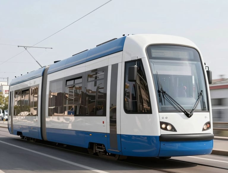 Modern tram undergoing state-of-the-art rolling stock modernization in a clean industrial facility.