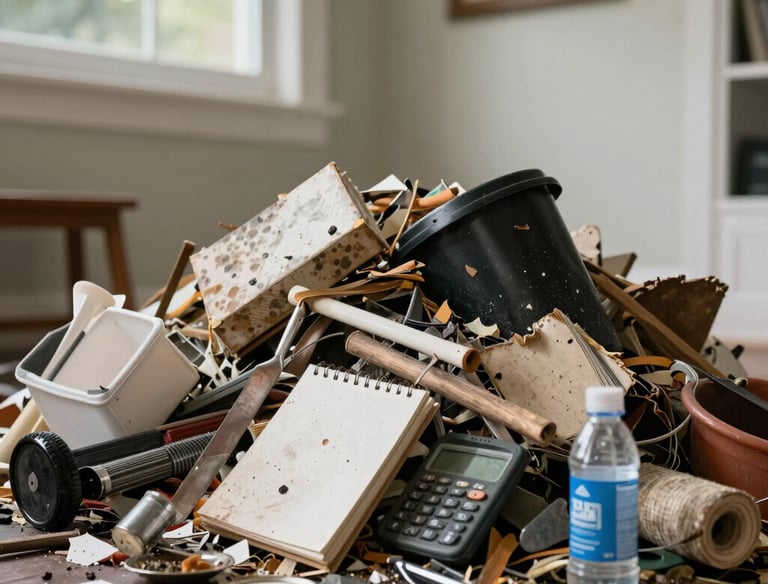 A pile of construction debris and household clutter including a calculator and water bottle on a wood floor.