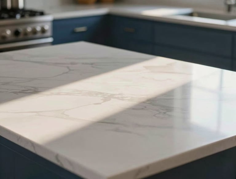 Modern kitchen with white marble countertops and blue cabinets in natural sunlight.