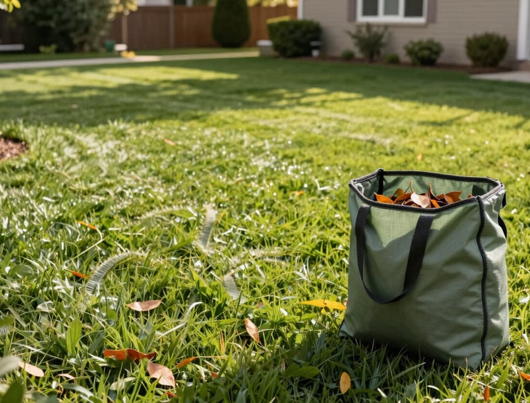 A green reusable garden waste bag filled with dry autumn leaves on a sunny green lawn.