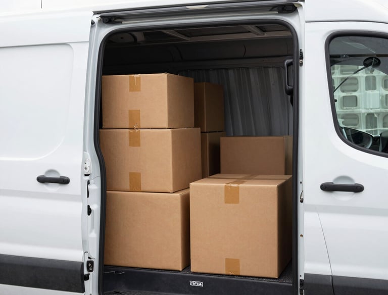 A 2006 Peugeot Partner van loaded with parcels, ready for delivery in an urban neighborhood.