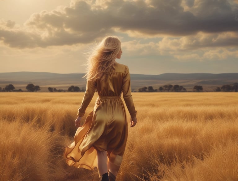 A blonde woman in a flowing gold dress walks through a golden wheat field during a glowing sunset.