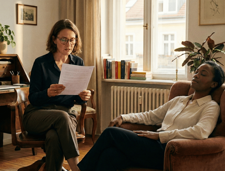 A female therapist reading notes to a relaxed patient resting in an armchair during a mental health session.
