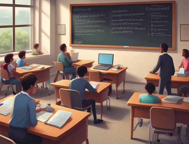 An Asian instructor engaging a small group of students in a classroom setting.
