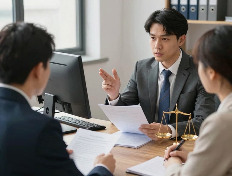 Lawyer consulting with a client over legal documents in an elegant office.
