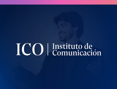 Official logo of the ICO Instituto de Comunicación against a blue background with a smiling professional man.