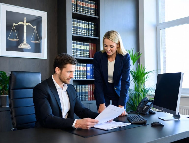 Dos personas revisando tareas jurídicas