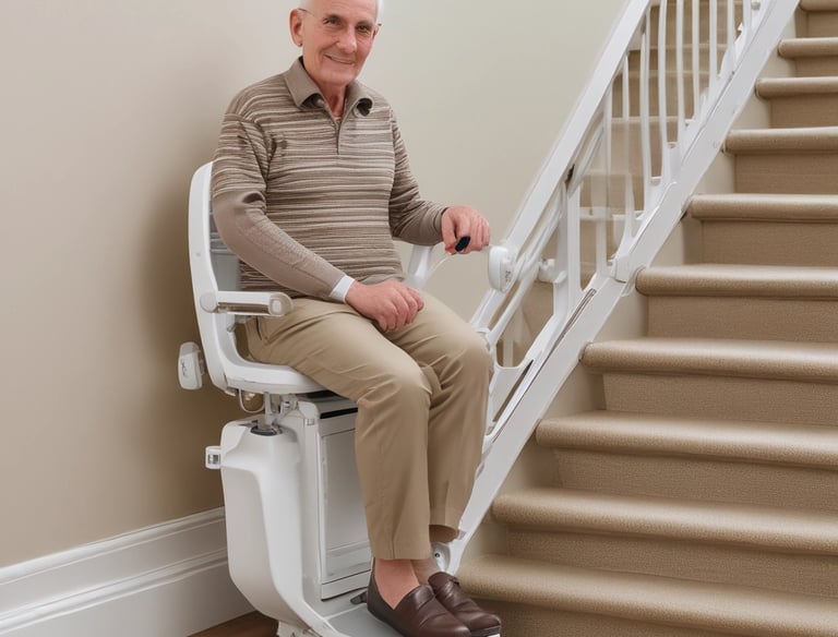Close-up of a user pressing the control button on a stairlift.