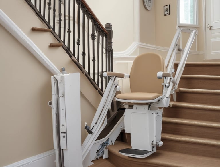 A modern stairlift smoothly moving along a straight staircase.