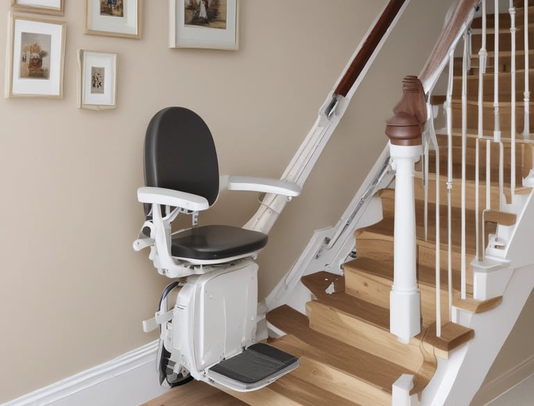 A technician carefully installing a stairlift on a curved staircase.