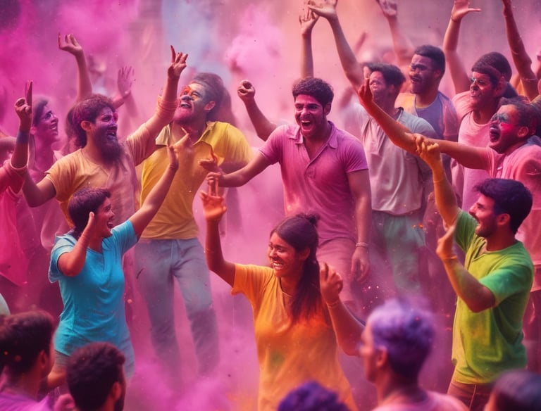 Colorful decorations and people enjoying a festive cultural celebration outdoors.