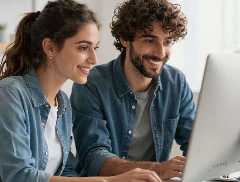 A happy young Italian couple reviewing loan options on a laptop at home.