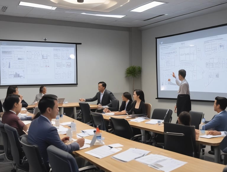 Small business owners and managers collaborating in a business management training session. Visual e