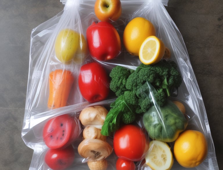 Close-up of colorful plastic bags neatly stacked in a warehouse.