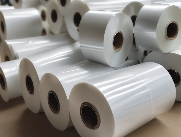 Rolls of transparent plastic film ready for printing and packaging.