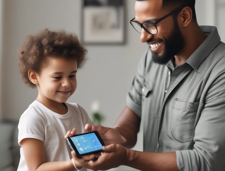 A parent and child sitting together looking at a tablet with calm expressions.