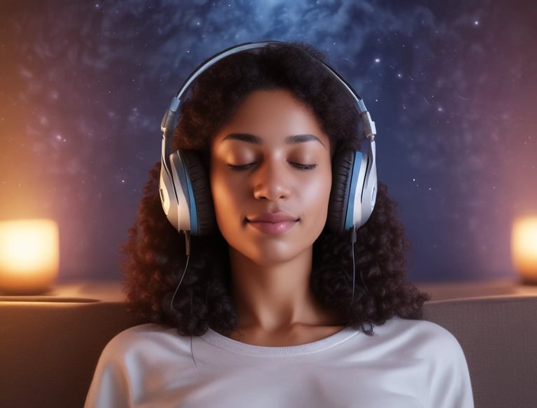 Close-up of a calm executive meditating outdoors surrounded by lush greenery.