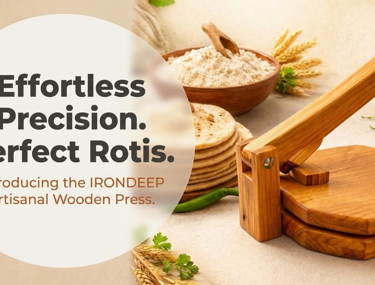 Irondeep artisanal wooden roti press with a stack of fresh tortillas and flour.
