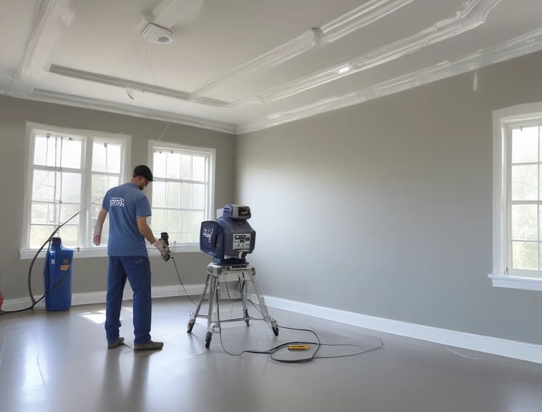 A painter carefully applying smooth, even strokes on a modern living room wall with gold and black accents.