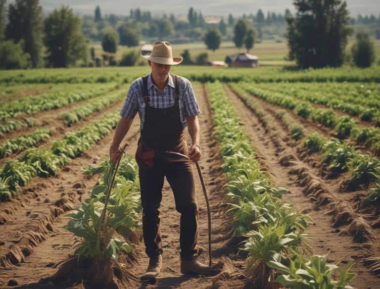 A woman holding farm documents, smiling as she updates her status online.