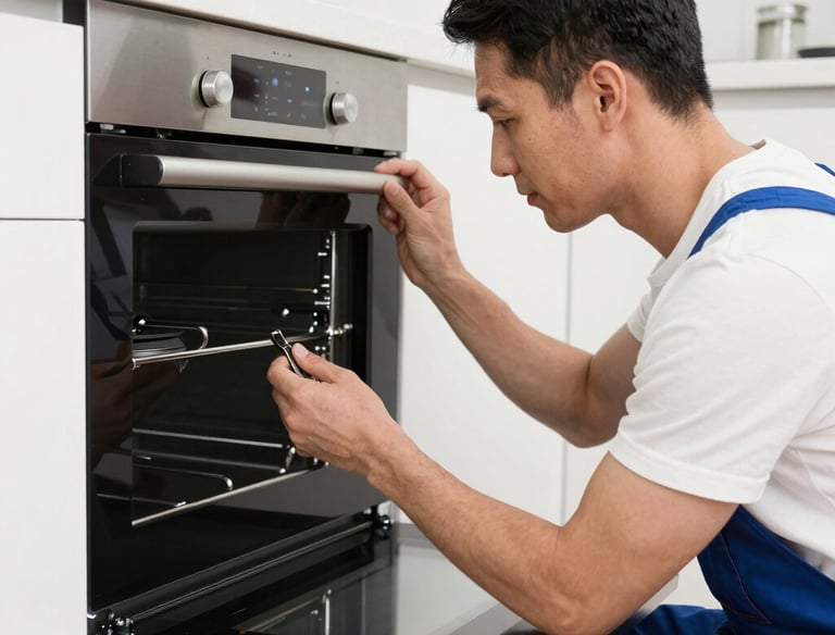 A technician fixing a built-in oven, tools in hand, focused on the task.