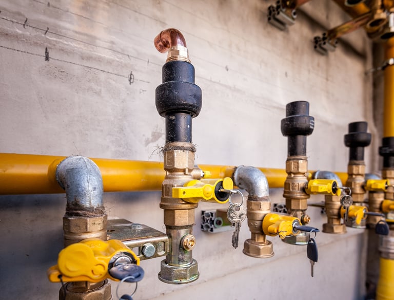 Tubulação de gás com válvulas; teste de estanqueidade e verificação de vazamentos.