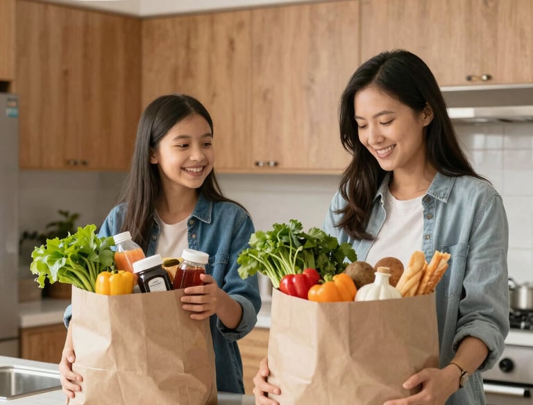 A cheerful family unpacking affordable groceries in a cozy kitchen.