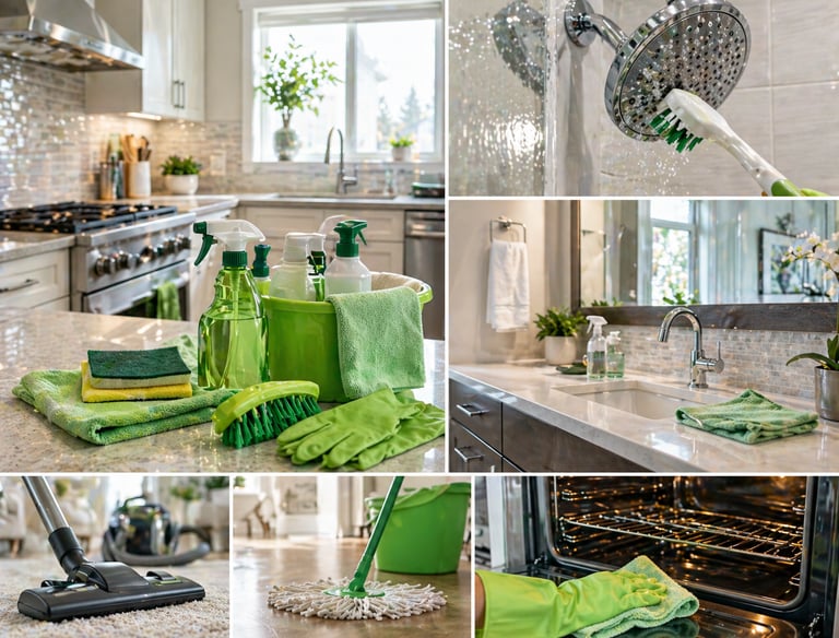 Professional house cleaning supplies and tools used for deep cleaning kitchen, bathroom, and floors.
