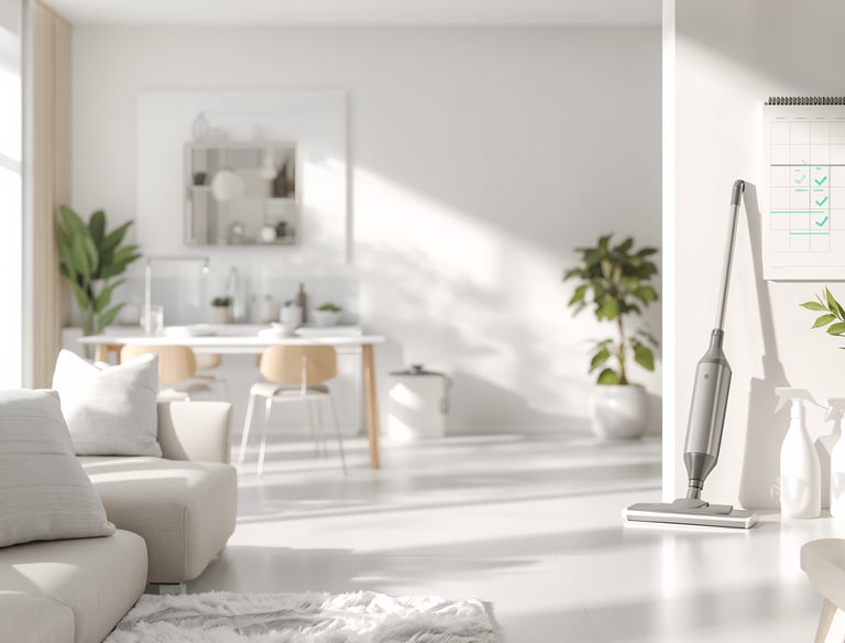 Cordless electric mop cleaning a bright modern minimalist apartment with natural light and house plants.