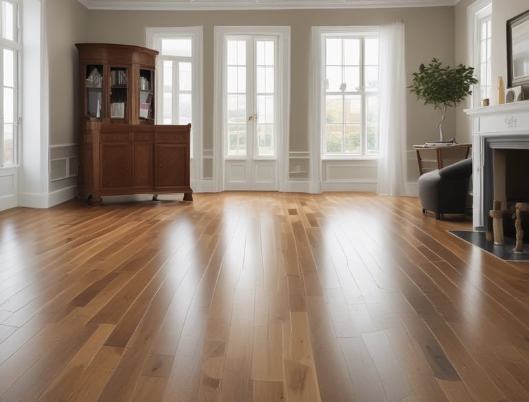 Close-up of a craftsman carefully sanding a wooden parquet floor in a cozy living room.