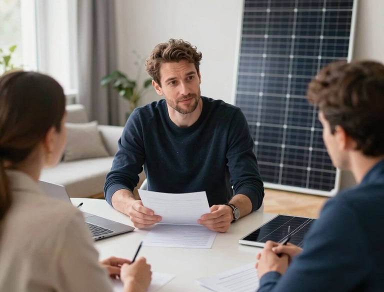Engineer discussing photovoltaic system plans with client in modern office.