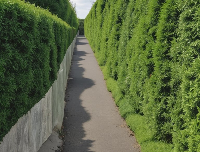 A gardener with shears trimming a well-shaped hedge under a bright blue sky.