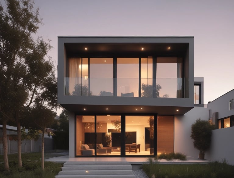 Front view of a cozy two-story house with a small garden.