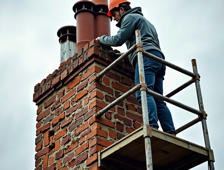 Roofing Specialists Yorkshire. Workman inspecting a damaged chimney