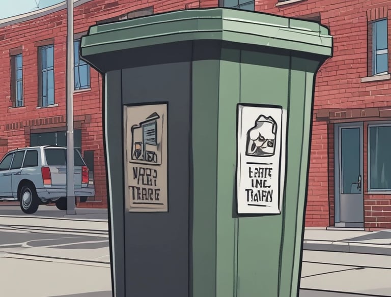 A sparkling clean outdoor bin with fresh greenery around it on a sunny day.