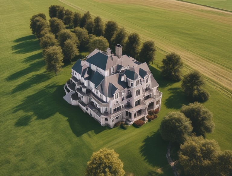 A sleek drone capturing a luxury home's aerial view during golden hour.