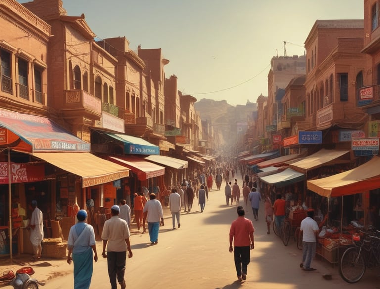 A bustling commercial market area with shops and offices in Barmer.
