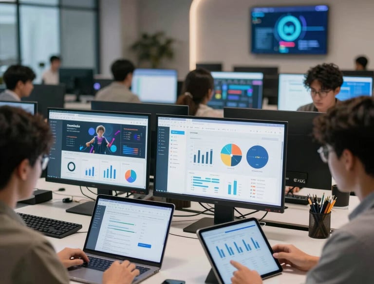 A professional team planning a digital marketing campaign with laptops and charts.