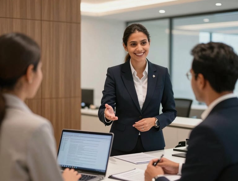 A confident consultant assisting clients in a modern business setting.