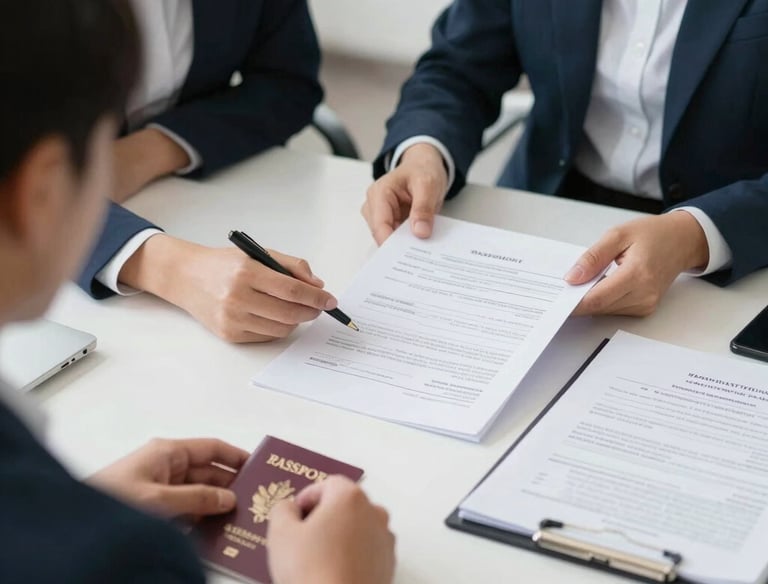 An office scene showing document processing and clearance with focused employees.